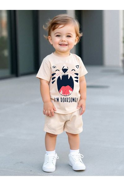 bebekpare Boy's Tshirt-Shorts Set Beige Roarsome