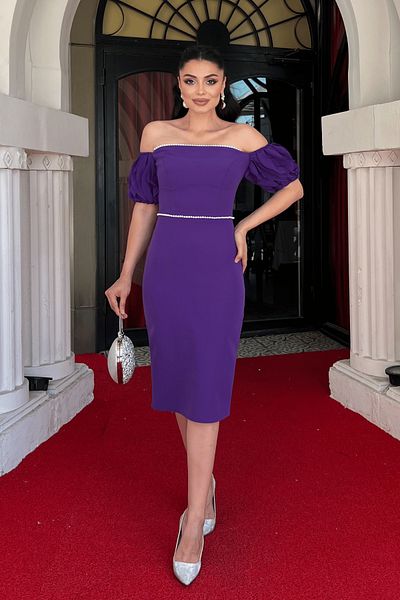 giyimmasalı Atlas Fabric Pearl Detailed Pencil Dress - Purple
