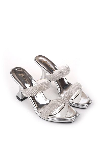 Papuçsepeti Shoe Basket 4746 Women's 9 cm Heel Single Band Stone Slippers