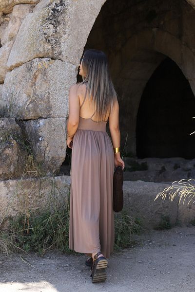 bytugcekaya Camel Single Jersey Jumpsuit with Rope Straps