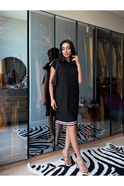 Genel Markalar Modal Kumaş Taşlı Şeritli Elbise