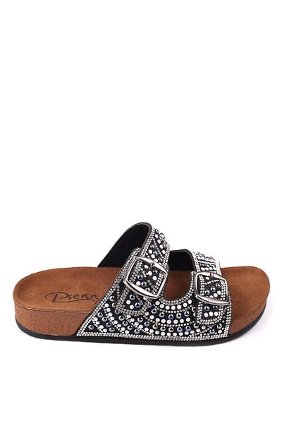 Pienn 20054 Women's Anatomical Sole Buckle - Stone Detailed Daily Slippers