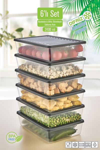 VİGENTİNO Set of 6 Refrigerator Organizer Microwave and Freeze Suitable Storage Container 6 X 2400 ml