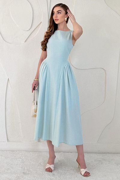 Elbee Fashion Woman Midi Length Basic Linen Dress