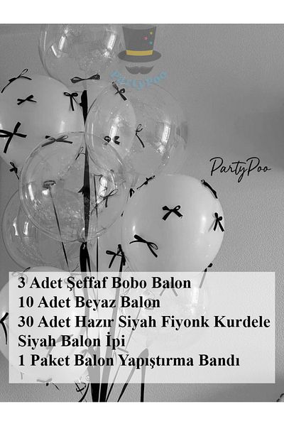 PartyPoo 3Pcs Transparent Bobo Balloon, 10Pcs White Balloon and Black Bow Ribbon Set Bow Balloon Balloon Set