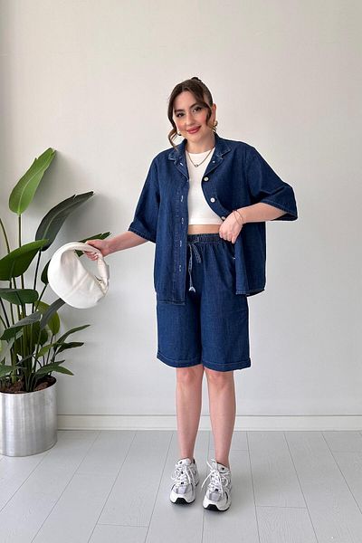 MaziButik Denim Suit with Shorts Navy Blue