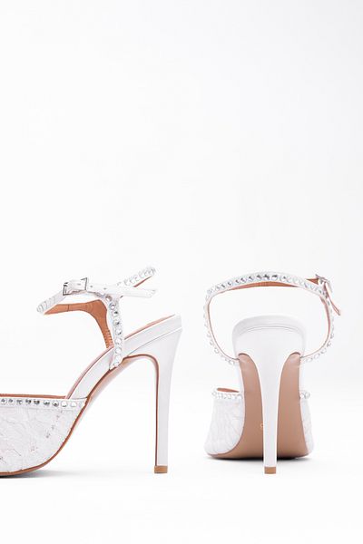 Tasarım Crystal Stone Lace Patterned High Heeled Ankle Strap Evening Shoes