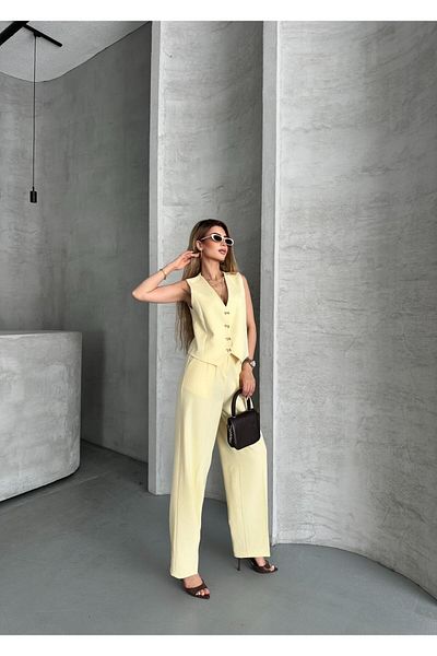 aytenli Double Fabric Bow Button Lined Vest Front Pleated Pocket Half Elastic Waist Wide Pants Suit