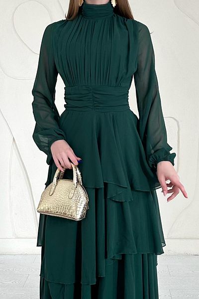 Elbee Fashion Woman Stand Collar Waist Detailed Dress