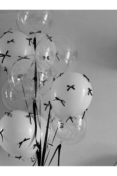PartyPoo 3Pcs Transparent Bobo Balloon, 10Pcs White Balloon and Black Bow Ribbon Set Bow Balloon Balloon Set