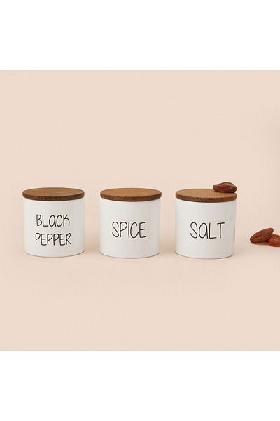 MATMEL Nero Set of 3 Ceramic Spice Jars with Wooden Lid - White / Light Brown