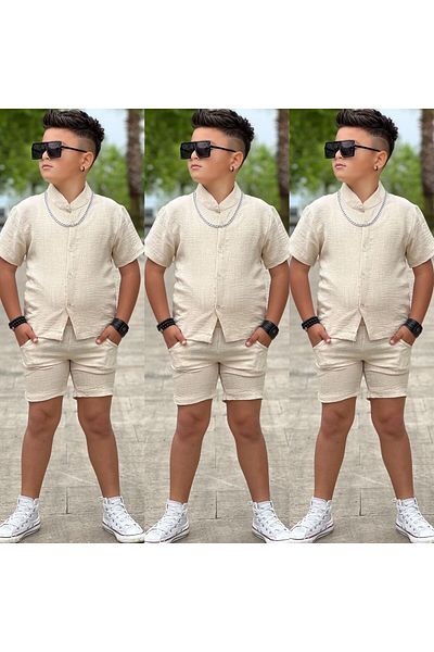 MUMİKİDS Boy's Linen Fabric Summer Shirt - Shorts 2 Piece Eid Set