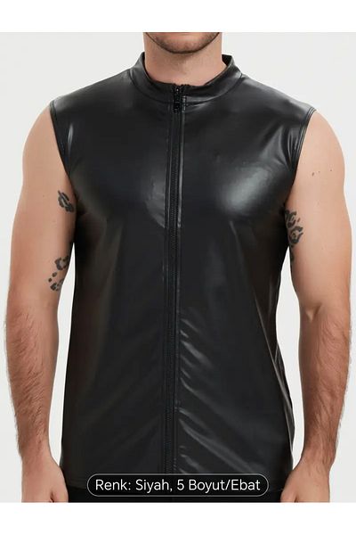 NYC GİYİM TEKSTİL Pu Leather Men's Vest Zipper Closure Stand Collar