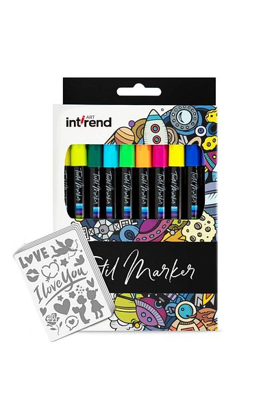 intrend Set of 20 colored markers,5 stencils for painting t-shirts, bags, washable fabric, shoes, 25 pieces