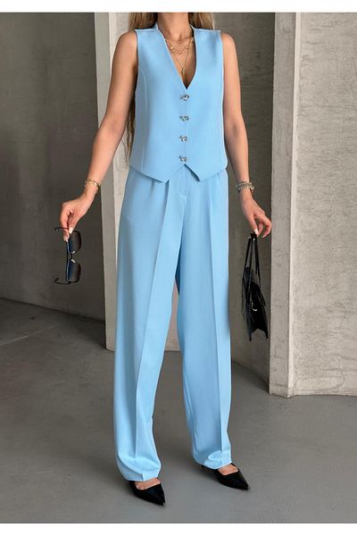 aytenli Double Fabric Bow Button Lined Vest Front Pleated Pocket Half Elastic Waist Wide Pants Suit