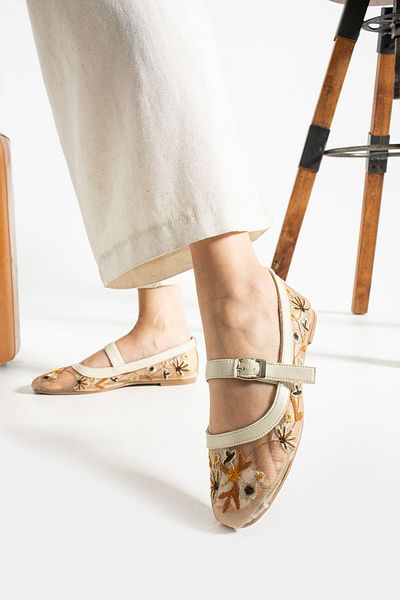 redtan White Embroidered Women's Ballerinas |   Flower Embroidered Mesh Ballerinas |   Lightweight Comfortable Sole Stylish Casual Shoes