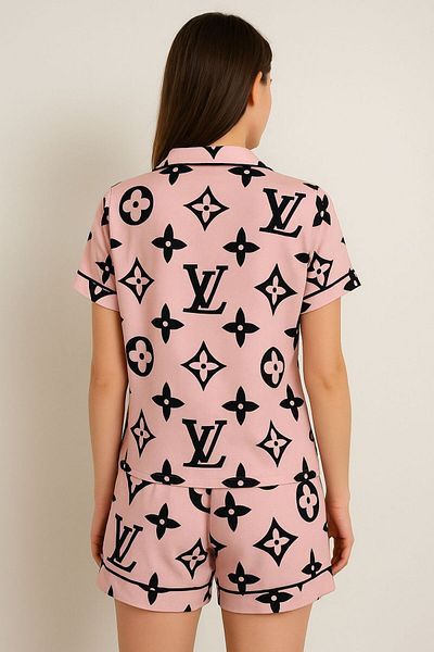 FENZO Women's Pink-Black Short Sleeve Shorts Suit Cotton Viscose Printed Button Piping Detail