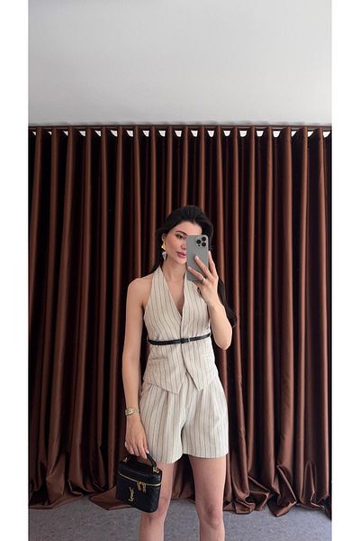 HAZELANNA Lined Striped Linen Vest-Shorts Set