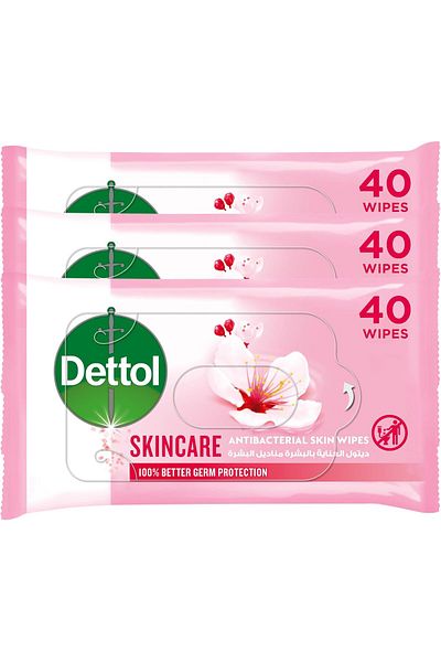 Dettol Antibacterial Skincare Wipes, 40 wipes, 2 packs + 1 free