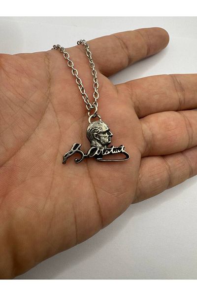 Herşey Nota Mustafa Kemal Atatürk Signature and Silhouette Figured Necklace – Silver Color Unisex Metal Jewelry