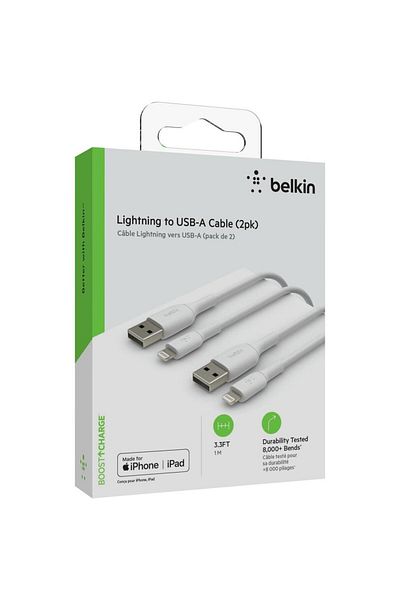 Belkin Belkin BOOST CHARGE USB-A to Lightning Cable, PVC, 1M (Pack of 2), White