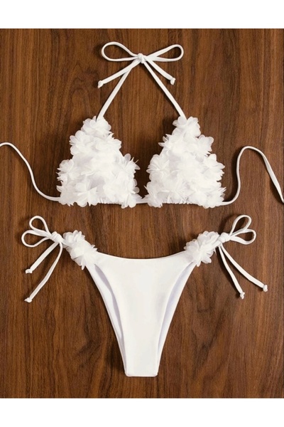 bright moon Kadın Çiçekli Bikini Takımı (DOLGUSUZ) Kırık Beyaz