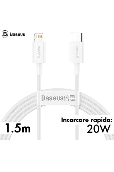 Baseus Cablu de date Baseus Superior CATLYS-B02, Încărcare rapidă, USB Type-C - Lightning, PD 20W, 1.5m (Alb)