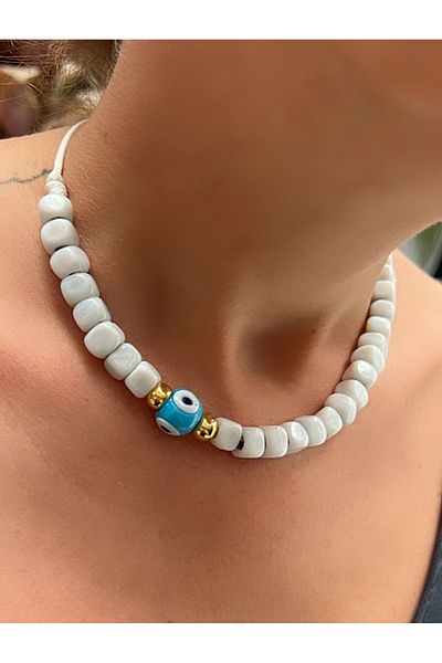 Kutcha Accessories White Beaded Evil Eye Bead Women's Necklace – Handmade Adjustable Summer Necklace