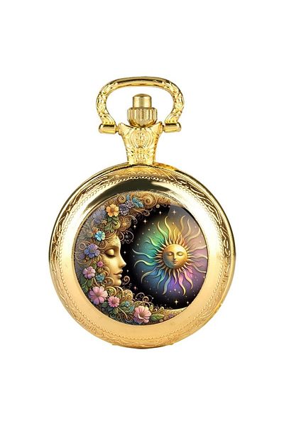 STİLLOVE Gold Sun and Moon Themed Bohemian Chain Watch Necklace