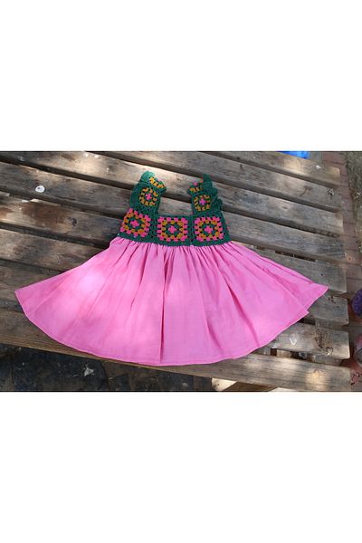 Hippie Hop Hippy Hop Motifed Dress Girl Child Flowered - Pink - Green