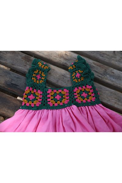 Hippie Hop Hippy Hop Motifed Dress Girl Child Flowered - Pink - Green