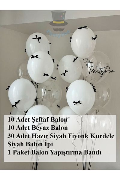 PartyPoo 10 White + 10 Transparent Balloon Set & 30 Pieces Bow Ribbon – Wedding/Birthday Party Decoration