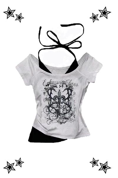 1blood White Gothic Embrace Madonna Collar Y2K Short Sleeve Crop with Additional Strap