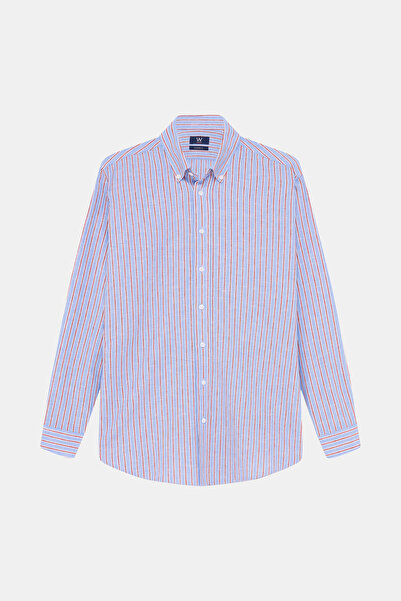 W Collection MAVİ UZUN KOLLU ÇİZGİLİ PAMUK/KETEN GÖMLEK