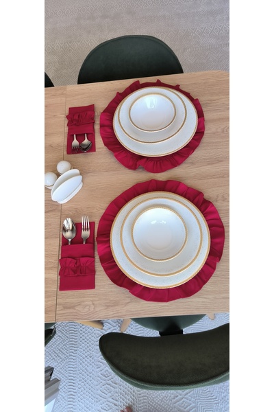 MODATU Fırfırlı Amerikan servis ve Kaşıklık seti/ kırmızı 4 adet