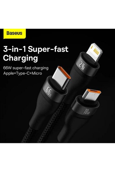 Baseus Cablu de date 3in1 Baseus Flash Series 2 CASS040001, USB - USB-C + micro USB + Lightning, 66W, 1.2m
