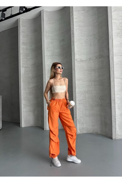 Marbella Women's Elastic Leg Parachute Fabric Trousers