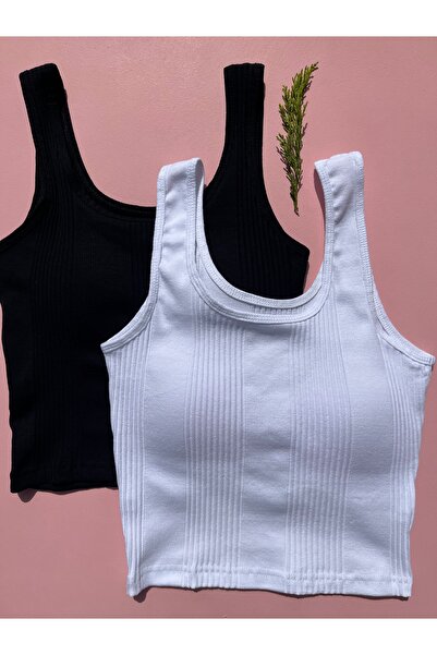 LEYNA BUTİK Cotton Camisole Striped Fabric Fixed Pad 2-Piece White and Black ...