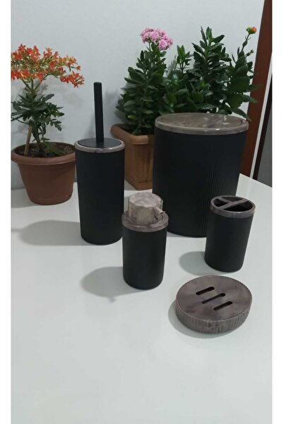 YÜCEKAYA TİCARET طقم حمام أسود مكون من 5 قطع، طقم حمام دائري أسود منقوش من الأكريليك، طقم حمام مخطط، سلة المهملات