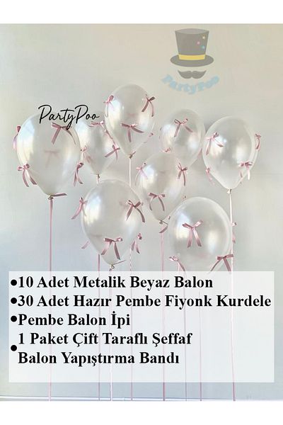 PartyPoo Set of 10 White Metallic Bow Balloons – Party and Birthday Ornament with 30 Pink Bow Ribbons