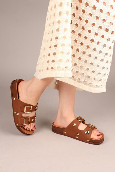 Birikon Marty Round Accessory Double Buckle Slippers Taba