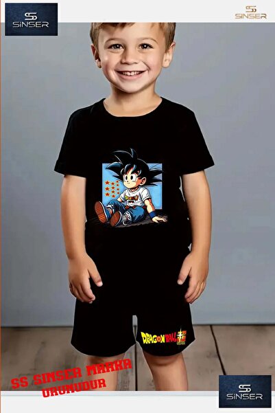 SS SİNSER تي شيرت للأطفال "GOKU SITTING BLUE CANVAS" مطبوع حسب الطلب برقبة دا...