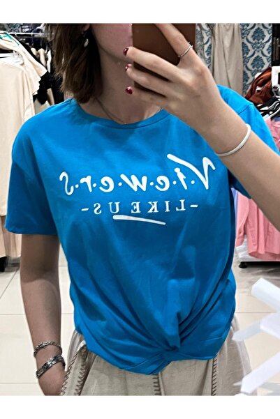 Sublime Butik Γυναικείο κοντό μπλε μπλουζάκι από χτενισμένο βαμβάκι με λεπτομ...