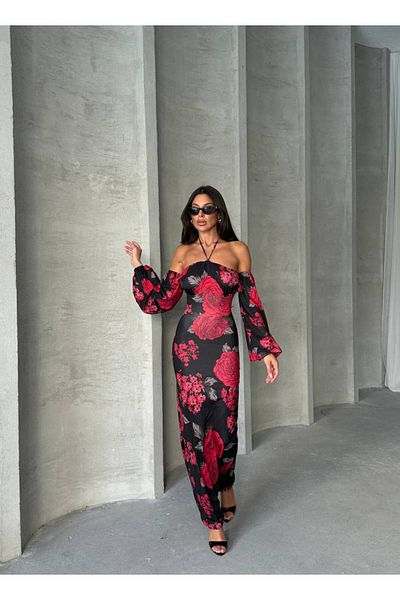 S&A Collectionn Rochie lungă de damă cu mâneci false, fără bretele, cu flori mari, trandafiri