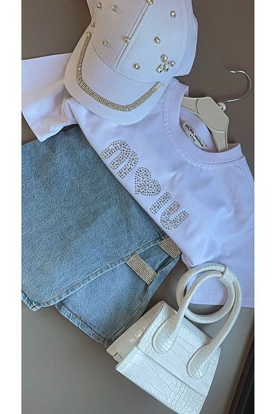 Bisahane Girl's Denim Shorts Skirt Hat Bag 4 Piece Set