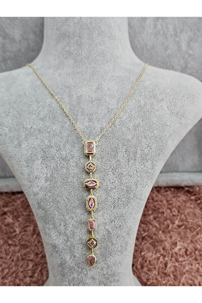 SiestaAccessories Gold Color Pink Colored Stone Steel Y Necklace