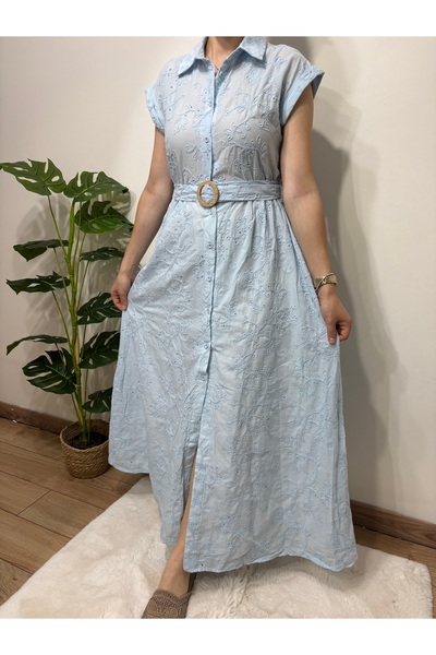 Butik Emsabutik Mavi Küpürlü Keten Elbise