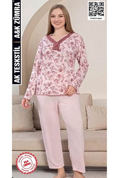 A&K ZÜMRA Natural Viscose Mother Model Lace Pajama Set Dusty Rose