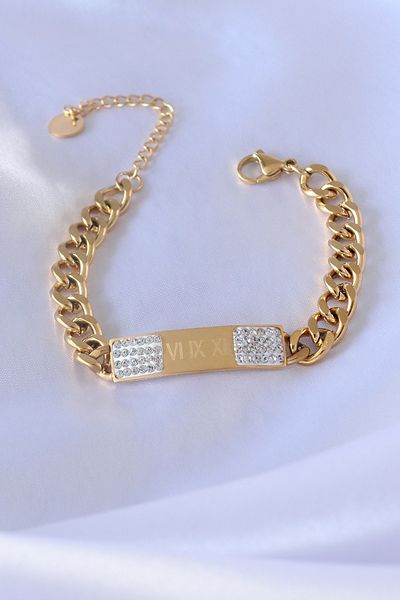 Clariss 316l الصلب لون الذهب سلسلة نموذج التطريز التفاصيل الزركون حجر سوار المرأة