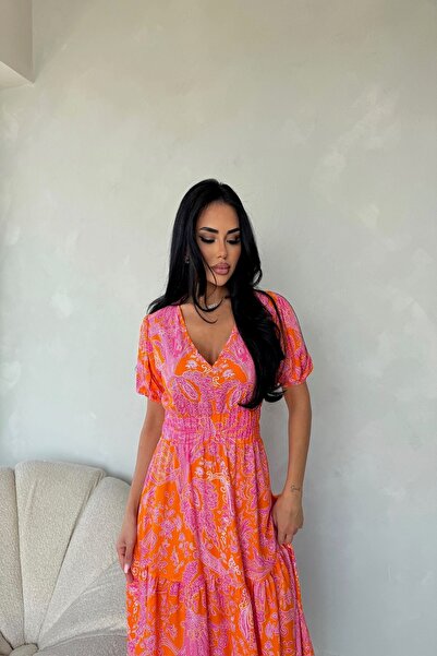 Moday Women's Summer V-Neck Elastic Waist Ankle-Length Woven Dress 2E-2335